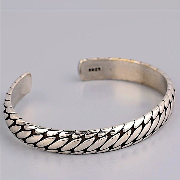 Sterling Silver Chain Design Engraved Cuff Bangle Bracelet - Picture 2 of 9